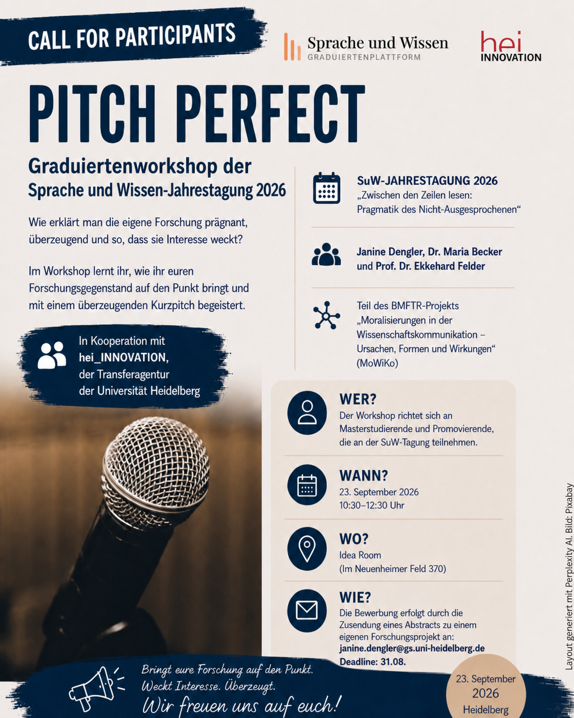 Plakat für den Graduiertenworkshop „Pitch Perfect“ der Sprache- und Wissen-Jahrestagung 2026.